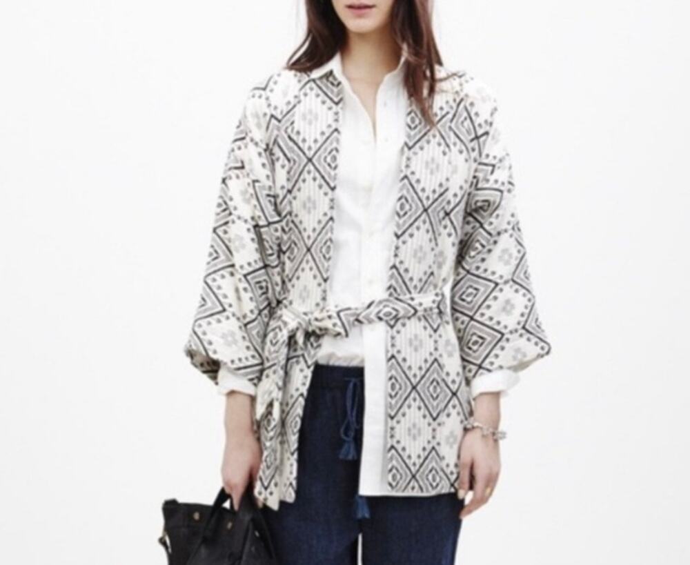 Madewell Western Boho Black White Arrowhead Cotton Kimono Tie Wrap Jacket Medium